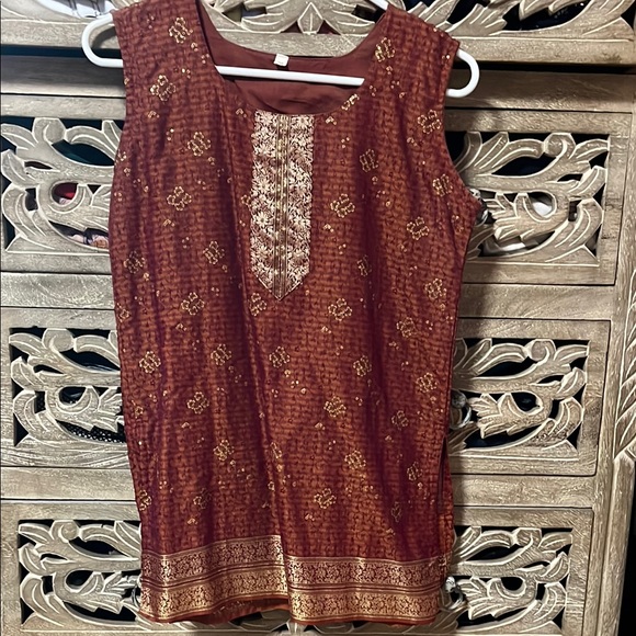 Tops - Red Gold Sleeveless Indian style Embellished Tank Top